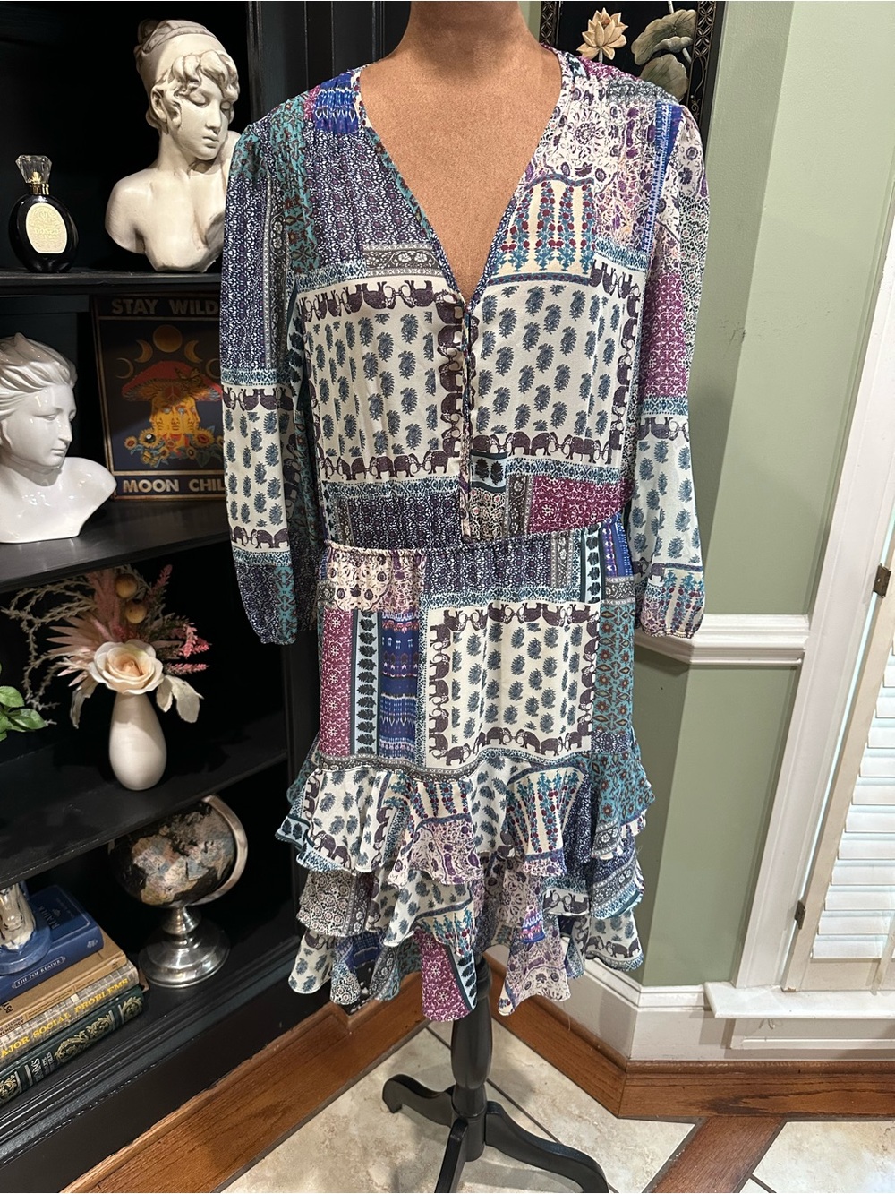 Hiché Colorful Patchwork Animal‑Print Tiered Boho Dress – Size Medium